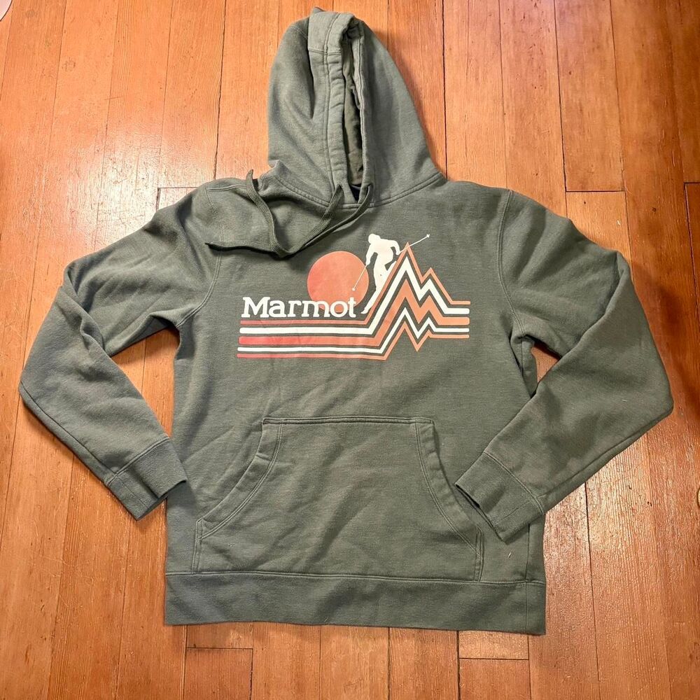 Marmot Men's Green Hoodie with Orange and Cream Graphics Size M